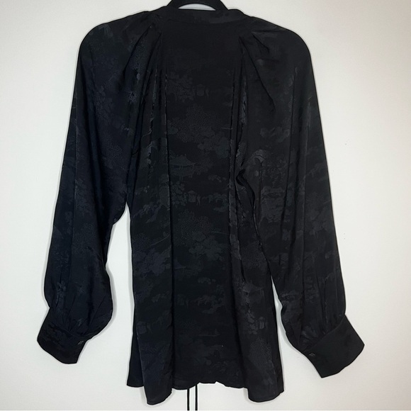 STAY REAL Silky Jaquard Flowy Boho Japanese Printed Front Buttondown Blouse Top - Picture 8 of 12